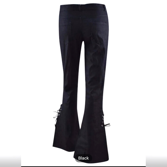Women's Black Bell Bottom Stretchy Jeans with Lace-Up Bottoms - Picture 4 of 5